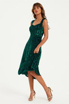 Floral Velvet Devore Sweetheart Neck Midi Dress In Green