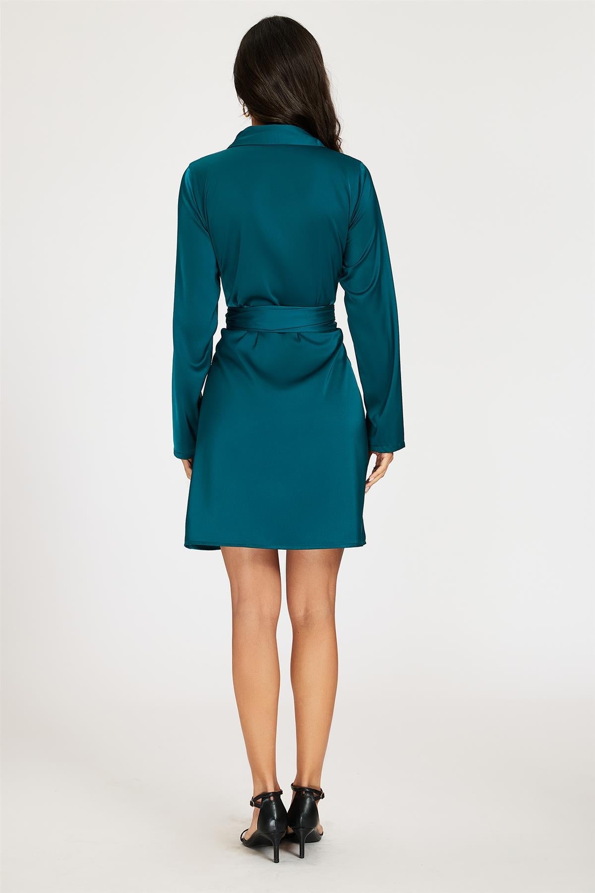 Satin Wrap Tie Mini Shirt Dress In Teal