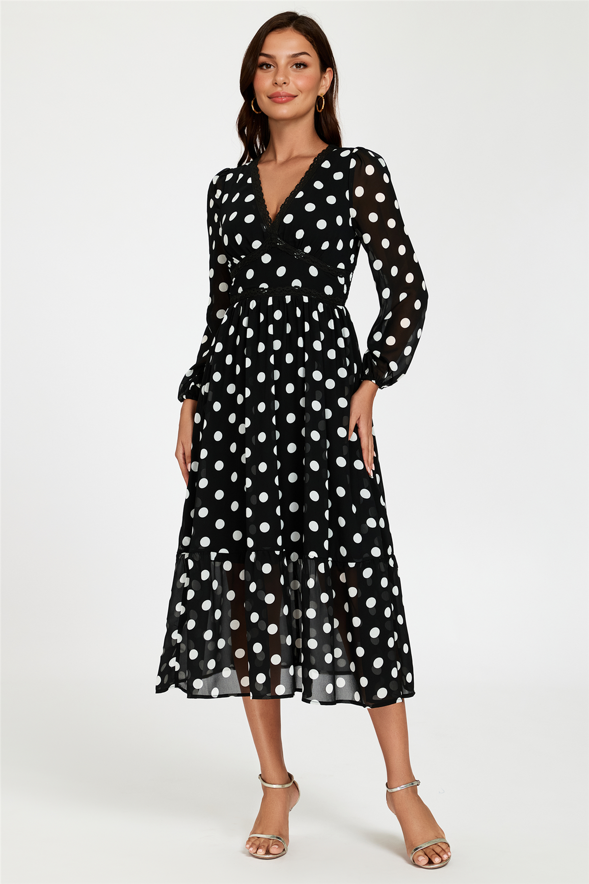 Robe longue noire à manches longues, imprimé pois et dentelle