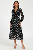 Robe longue noire à manches longues, imprimé pois et dentelle