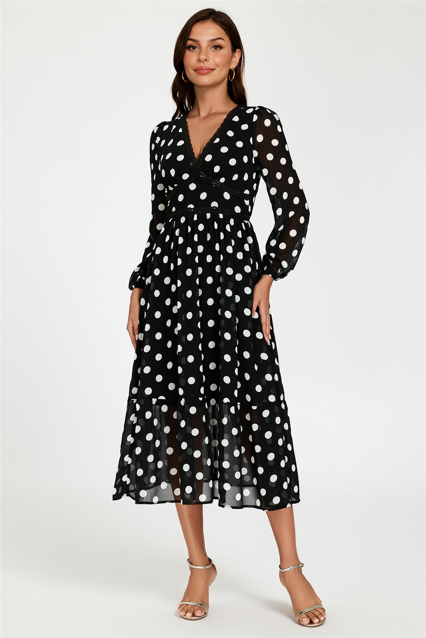 Robe longue noire à manches longues, imprimé pois et dentelle