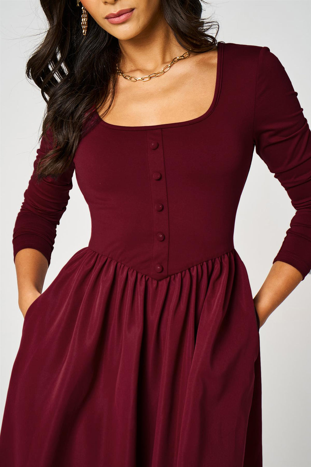 Burgundy Square Neck Button-Front Long Sleeve Midi Dress