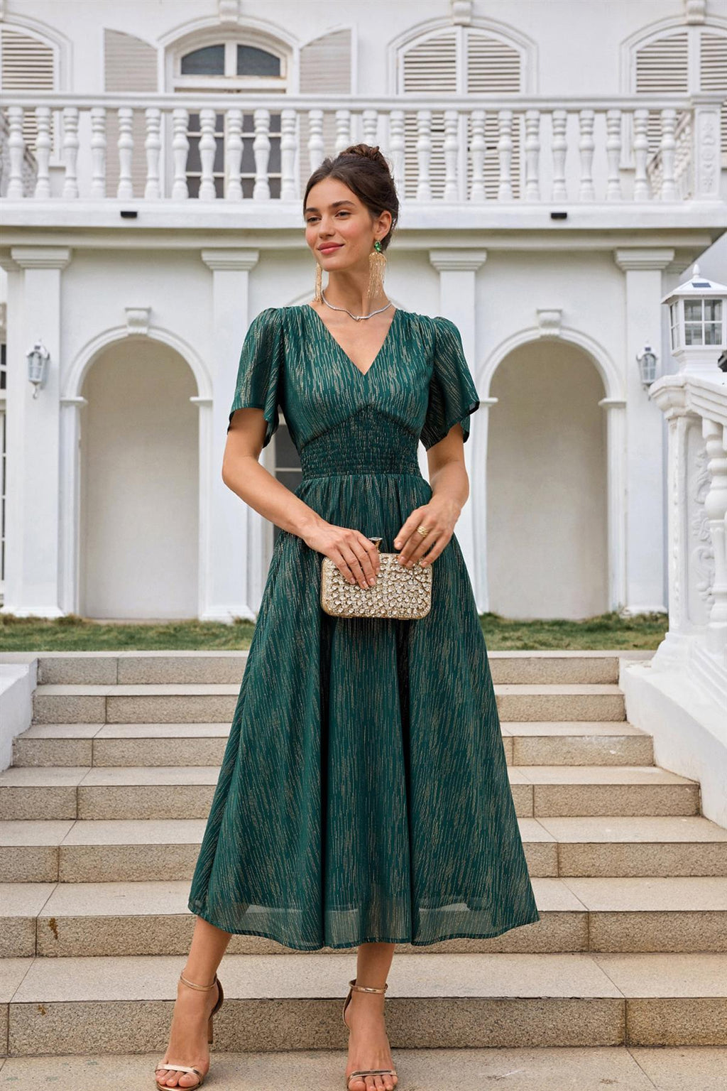 Angel Sleeve Gold Stripe Foil Midi Dress In Green