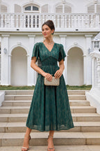 Angel Sleeve Gold Stripe Foil Midi Dress In Green