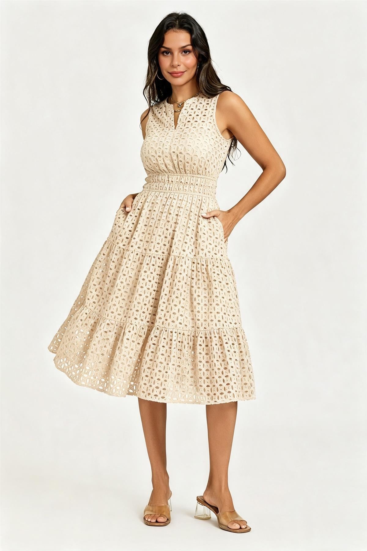 Sleeveless Broderie Anglaise Midi Dress In Off White