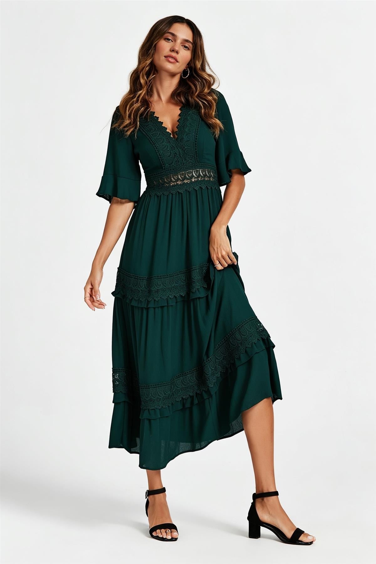 V Neck Lace Detail Midi Dress In Forest Green