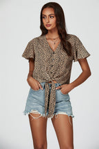 Leopard Print Tie Knot Front Buttoned Crop Top In Beige