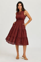 Sleeveless Broderie Anglaise Midi Dress In Rust