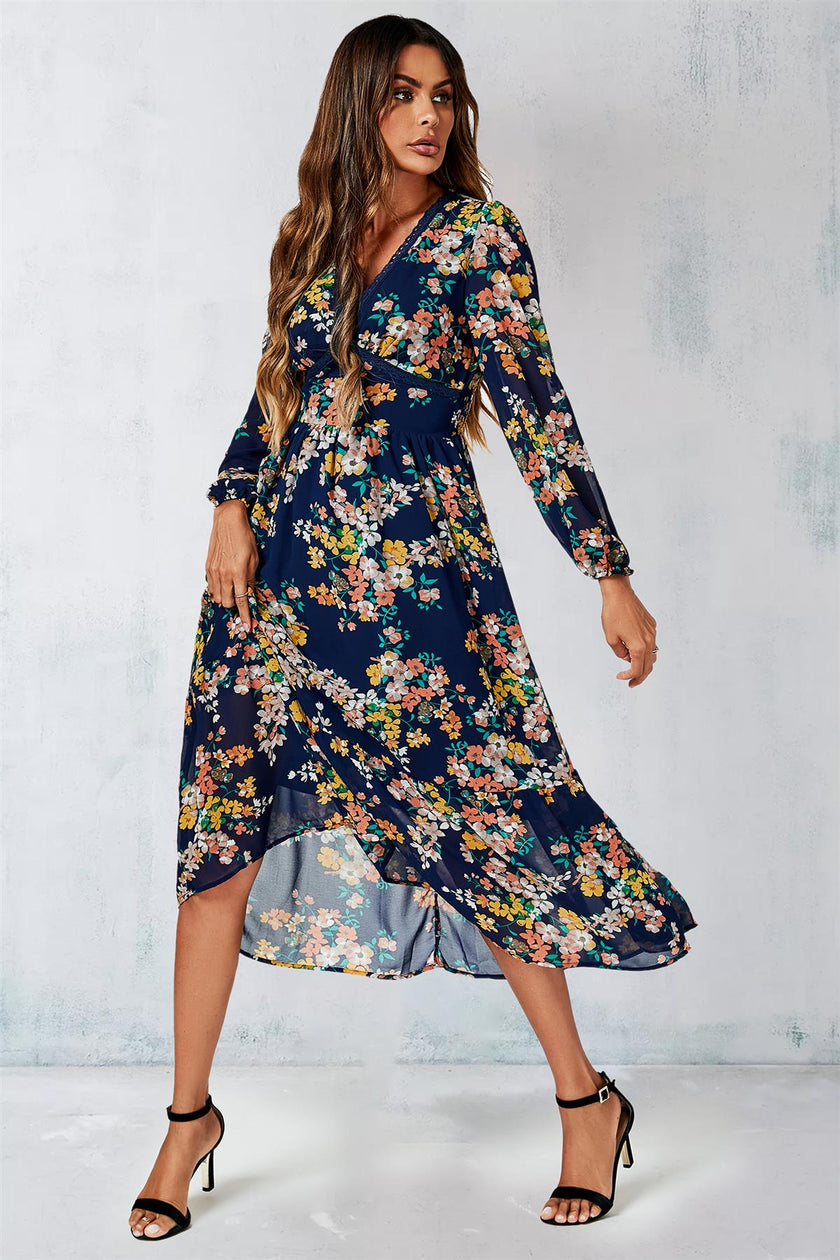 Robe longue à manches longues imprimé floral bleu marine