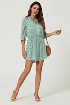 Daisy Floral Print Boho Playsuit With Buttons In Green