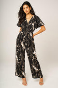Bleach Effect Print Wrap Top Jumpsuit In Black