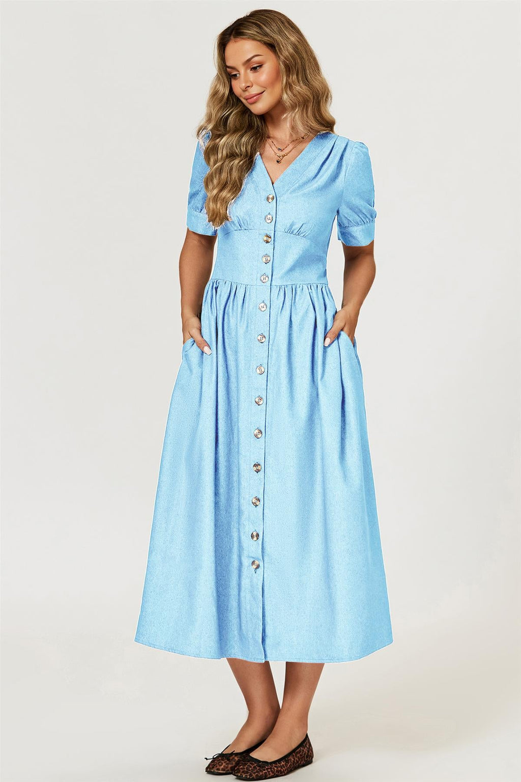 Puff Sleeve Button Down Denim Midi Dress In Light Blue