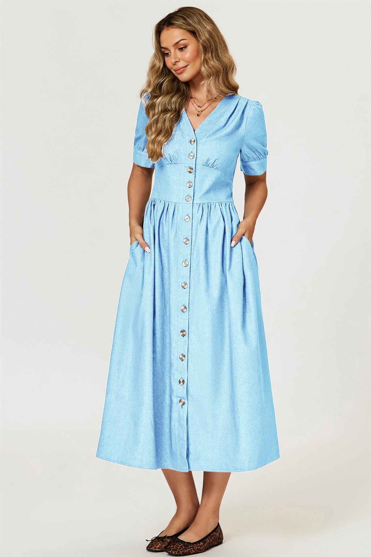 Puff Sleeve Button Down Denim Midi Dress In Light Blue