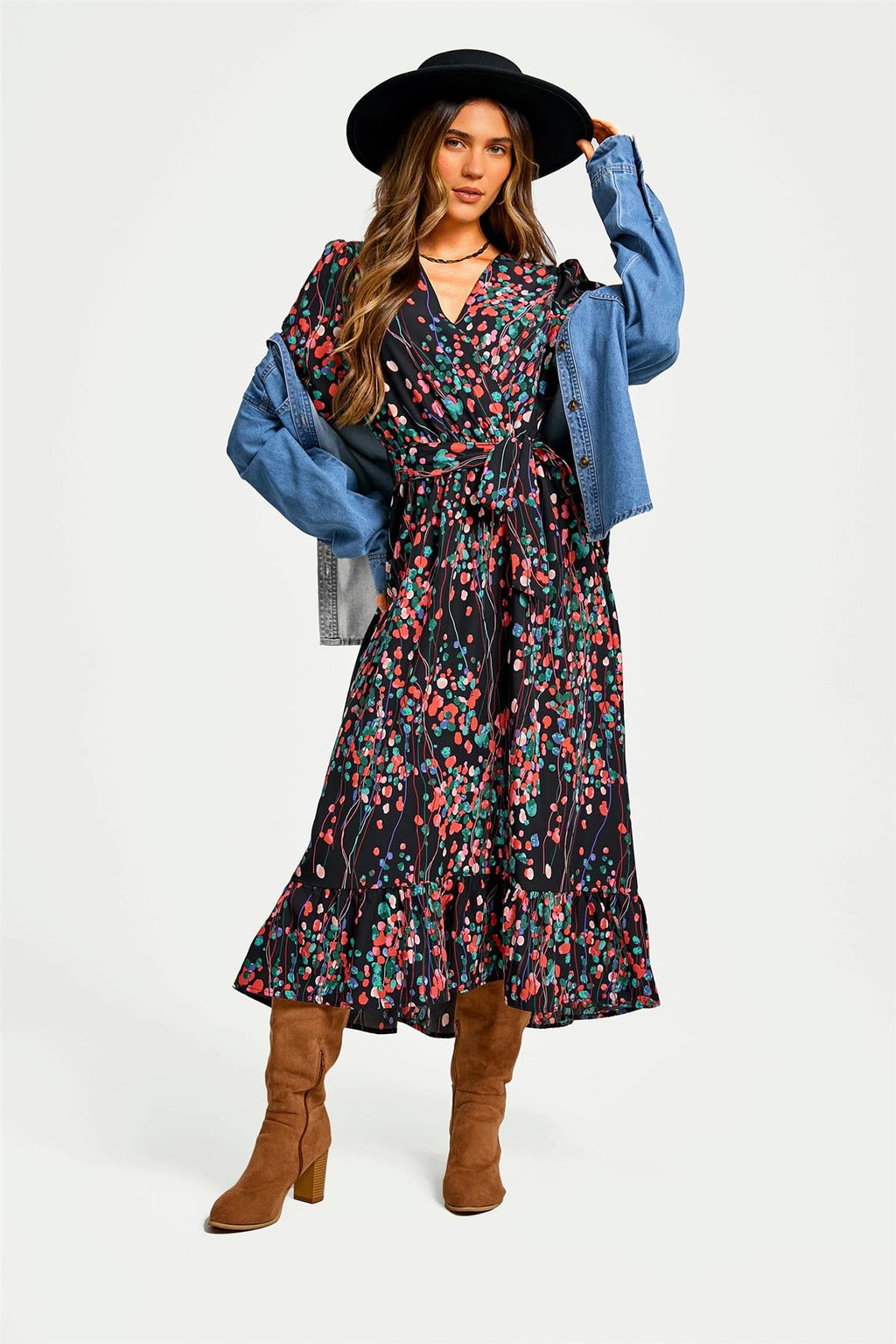 Abstract Floral Print Long Sleeve V Neck Wrap Top Midi Dress In Black