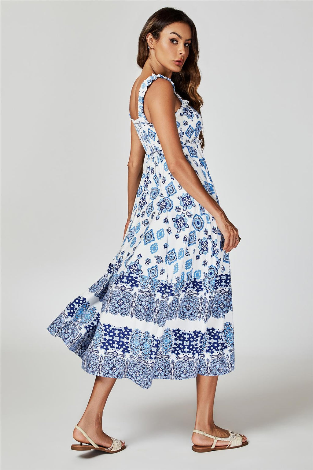 Blue Border Print Hem Detail Tiered Maxi Dress In White