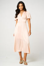 Satin V neckline Button Detail Dress In Blush
