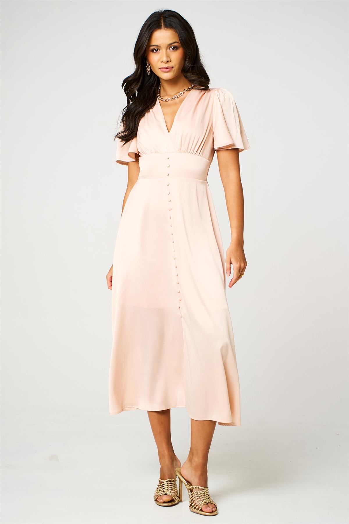Satin V neckline Button Detail Dress In Blush