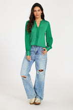 Long Sheer Sleeve Satin Notch Neck Blouse Top In Green