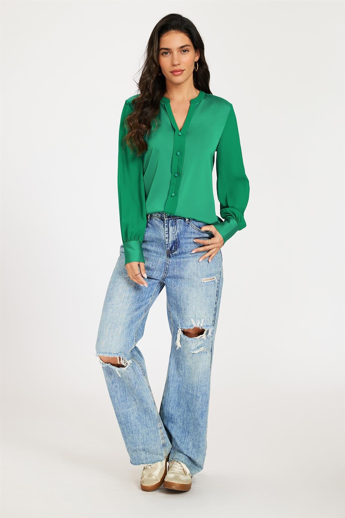 Long Sheer Sleeve Satin Notch Neck Blouse Top In Green