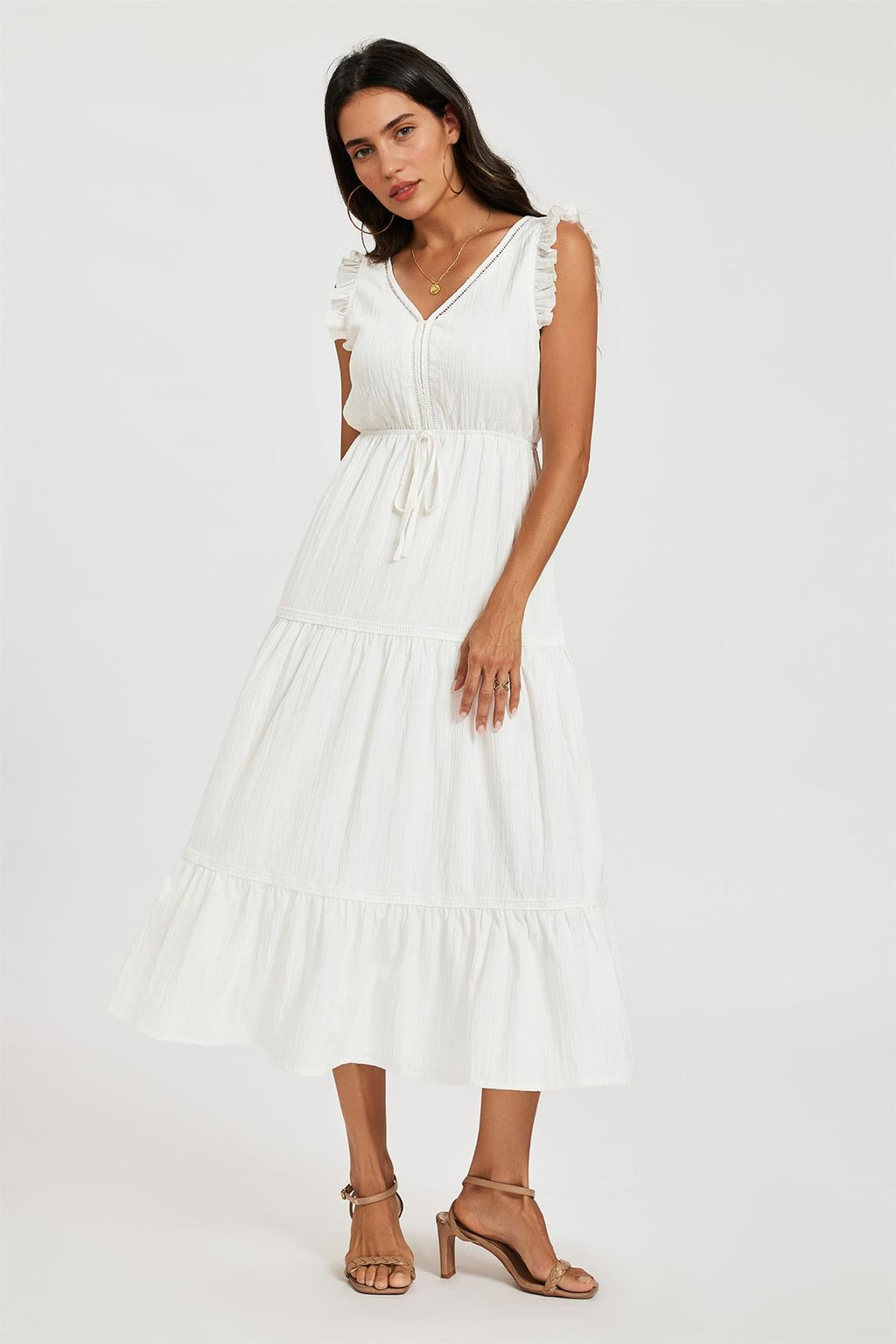 Frill Sleeve Lace Detail Midi Dress In White