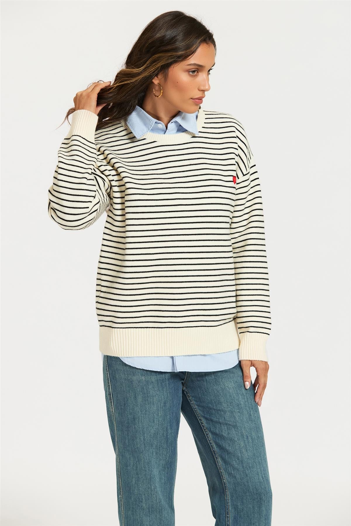Little Heart Embroidery Stripe Pattern Jumper Top In White