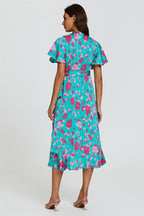 Turquoise & Hot Pink Print Angel Sleeve Wrap Midi Dress