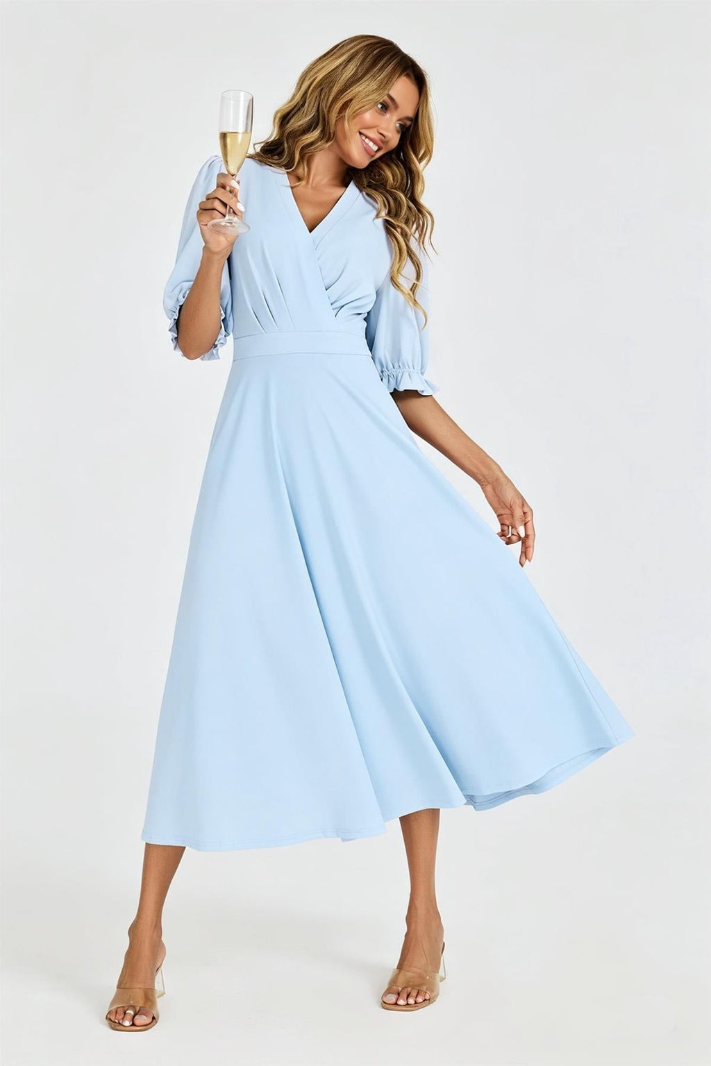 Half Sleeves Jersey Midi Dress with Wrap Neckline In Pale Blue