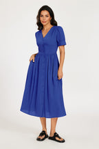 Button Front Short Sleeve Midi Dress In Blue