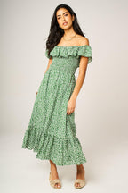 Little Floral Print Hem Frill Detail Bardot Midi Dress In Green