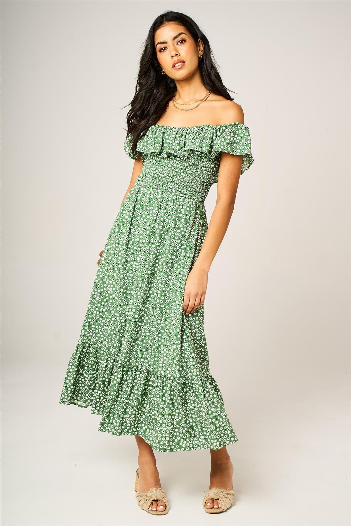 Little Floral Print Hem Frill Detail Bardot Midi Dress In Green