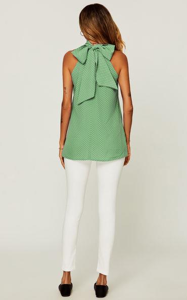 White Polka Dot Print Halter Neck Tie Back Top In Green