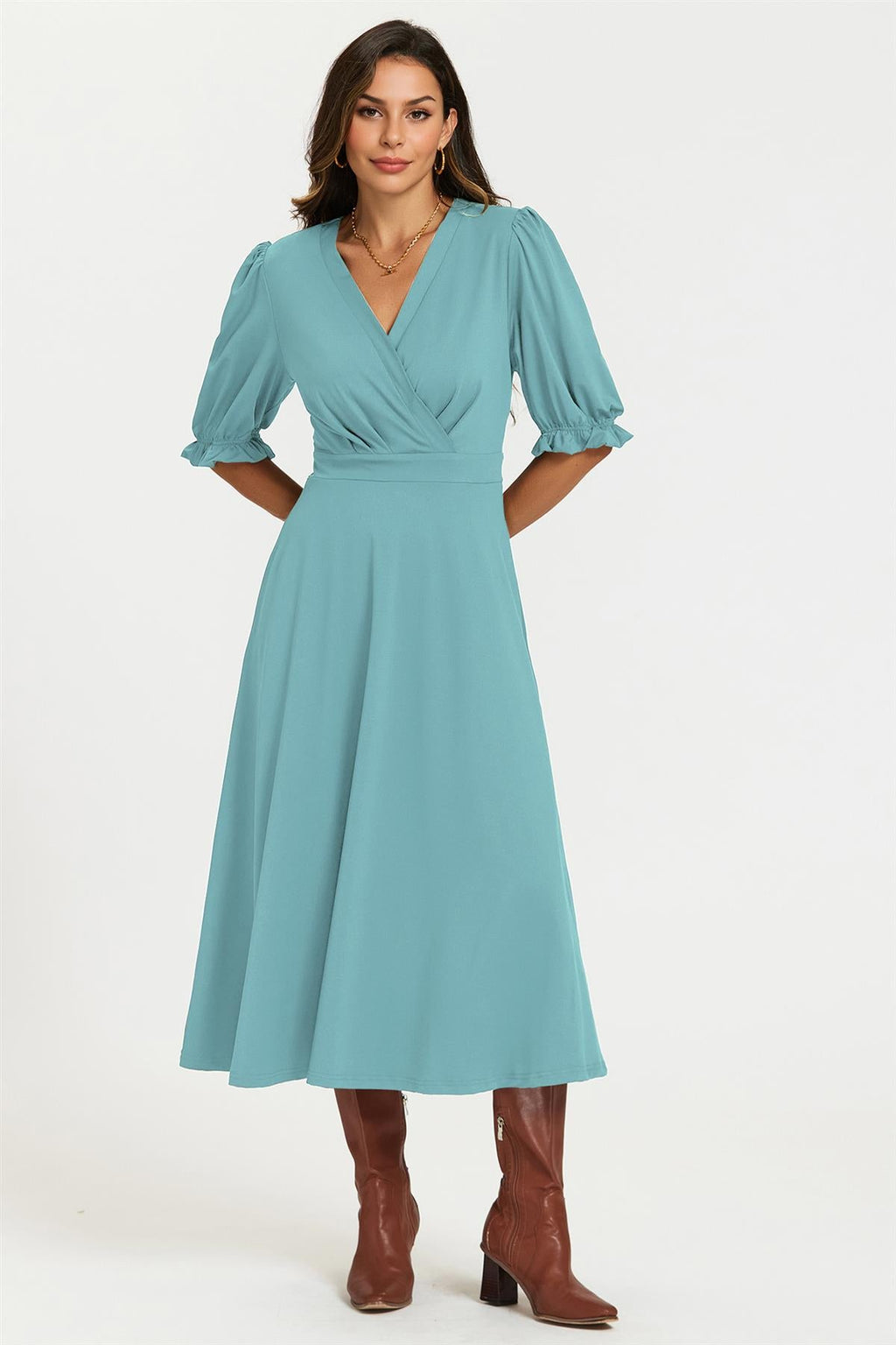 Half Sleeves Jersey Midi Dress with Wrap Neckline In Grey Blue