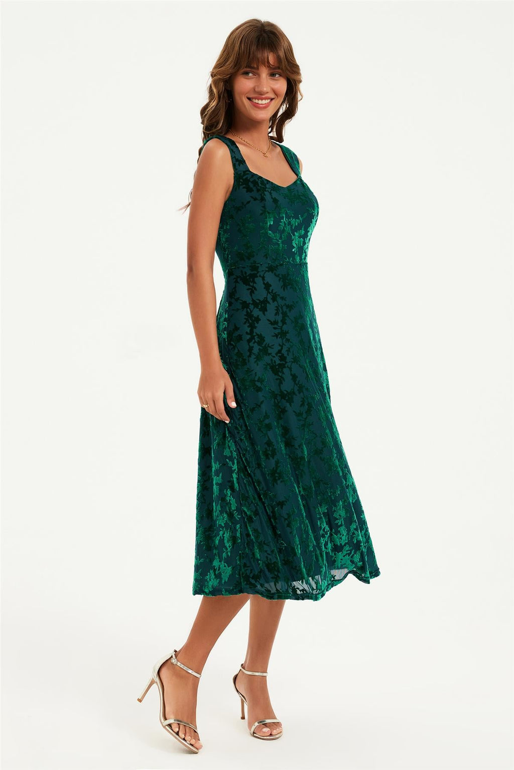 Floral Velvet Devore Sweetheart Neck Midi Dress In Green