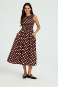 Dot Print Tie Back Sleeveless Shirred Top Midi Dress Brown