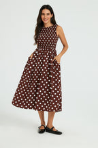 Dot Print Tie Back Sleeveless Shirred Top Midi Dress Brown