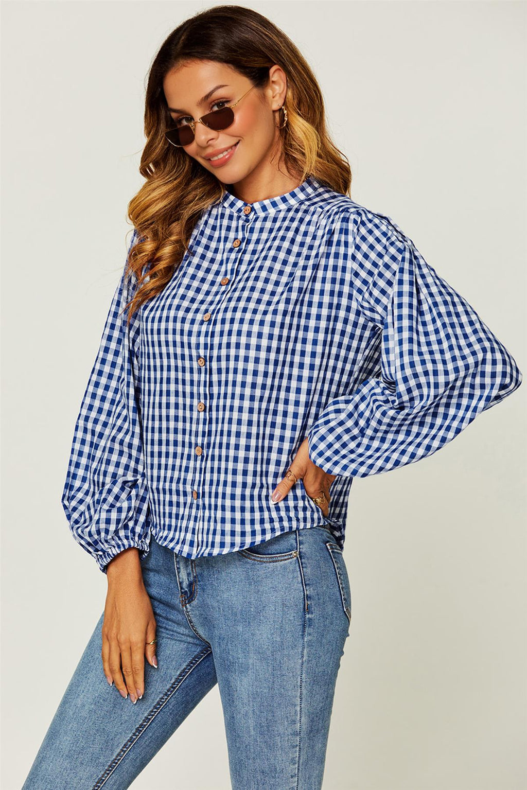Gingham Print Band Collar Blouse Top In Blue