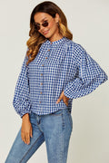Gingham Print Band Collar Blouse Top In Blue