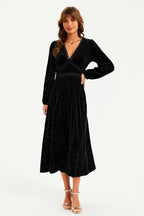 Silver Foil Velvet Lace Trim Neckline Midi Dress In Black