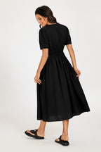 Button Front Short Sleeve Midi Dress In Black