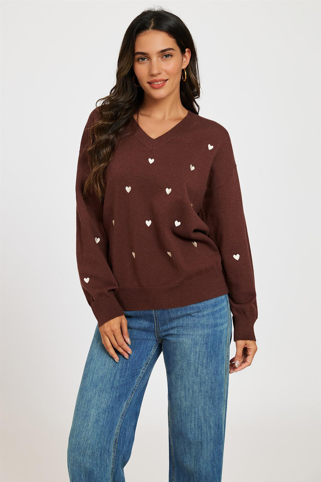 Embroidery Cream Heart V Neck Jumper In Brown