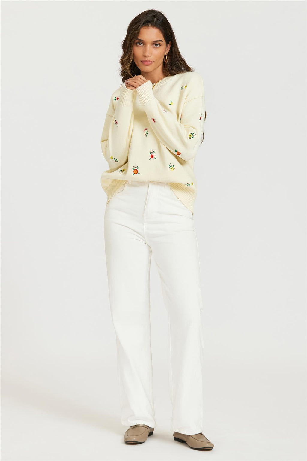 Embroidered Floral Knit Jumper Top In Cream
