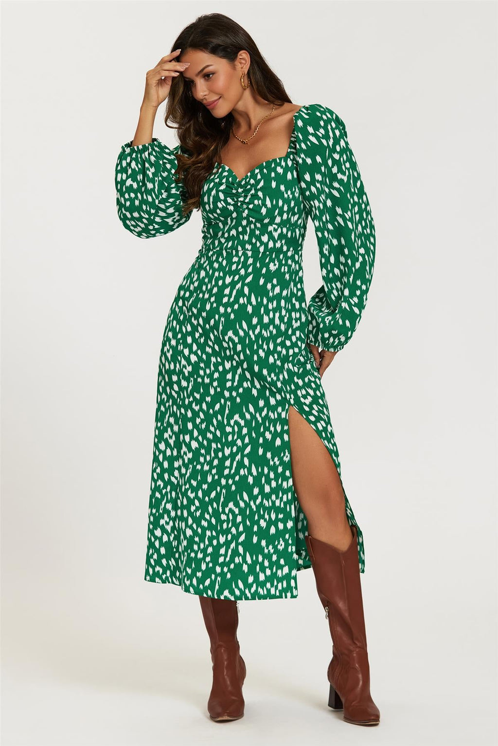 Brushstroke Print Long Sleeve Heart Neckline Midi Dress In Green