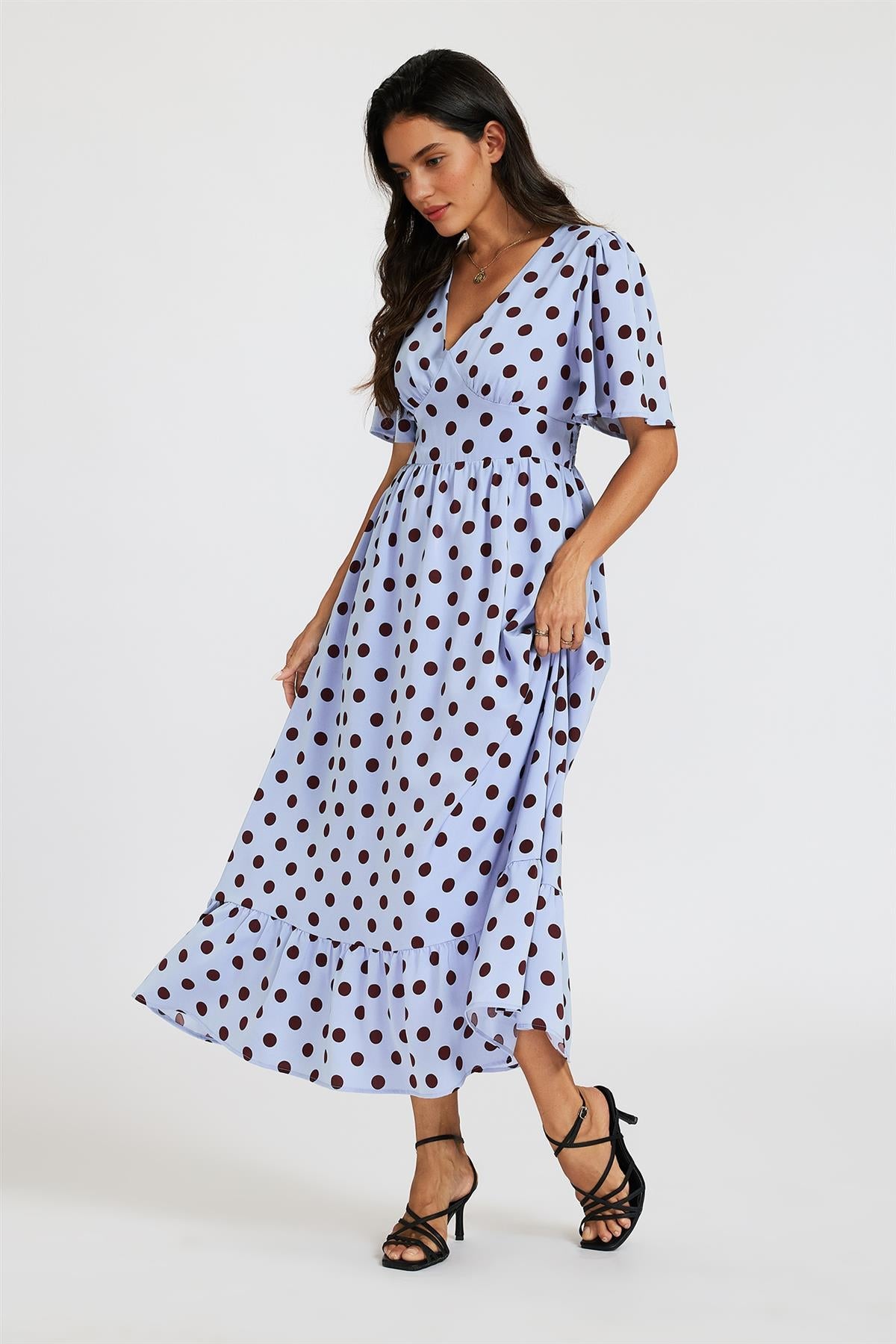 Polka Dot Print Angel Sleeve V Neck Frill Hem Midi Dress In Blue