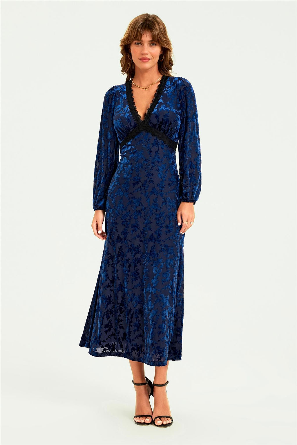 Floral Velvet Devore Lace Trim Neckline Midi Dress In Navy