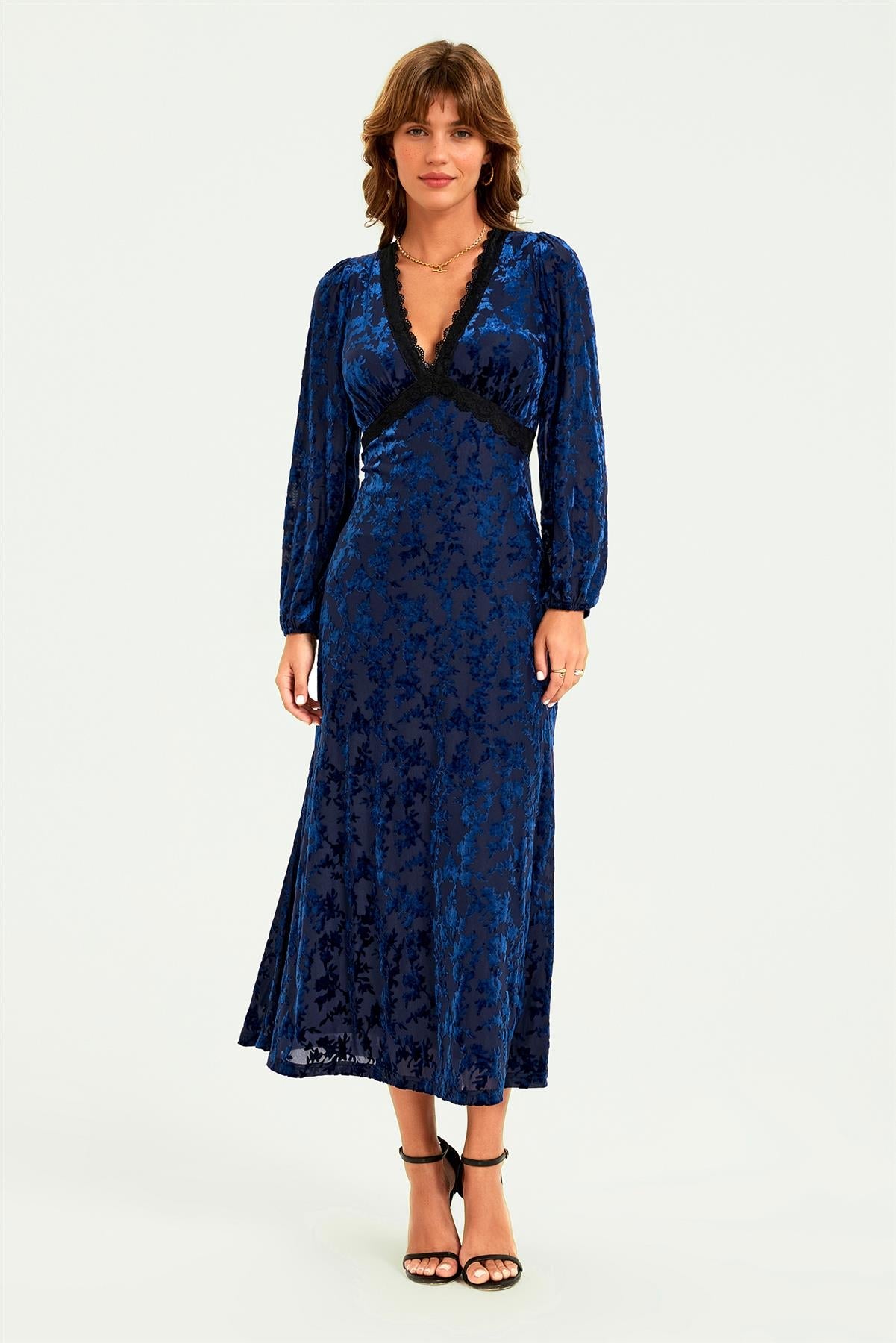 Floral Velvet Devore Lace Trim Neckline Midi Dress In Navy