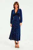 Floral Velvet Devore Lace Trim Neckline Midi Dress In Navy
