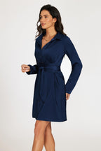 Satin Wrap Tie Mini Shirt Dress In Navy