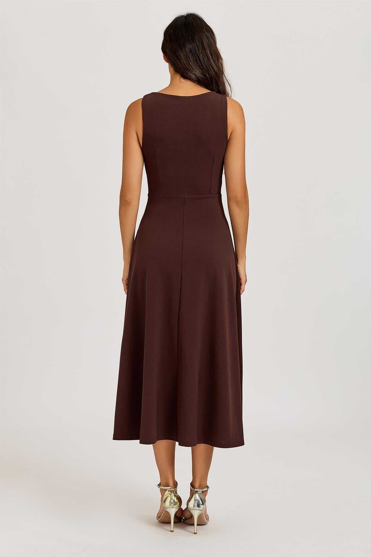 Square Neck Sleeveless Fit & Flare Midi Dress In Espresso