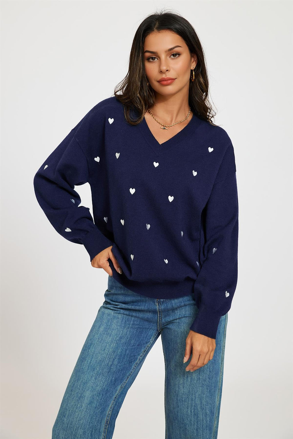Embroidery White Heart V Neck Jumper In Navy