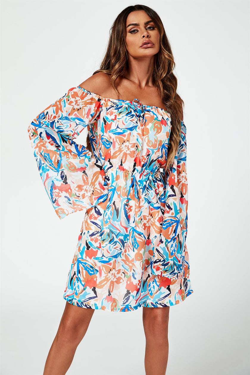 Flute Sleeve Bardot Dress With Tie Detail In Orange